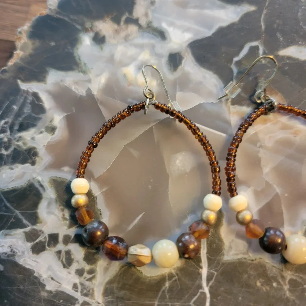 Boho Warm Brown Beaded Hoop Earrings